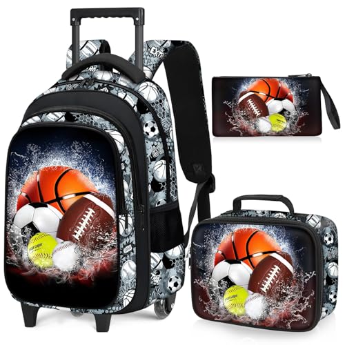 Fitvc Sport Rolling Backpack for Boys - 3PCS Boys Rolling Backpack with Lunch Box Set for Kids Children Teens Elementary Middle School,Sport Roller Bookbag with Wheels for Age 6-18