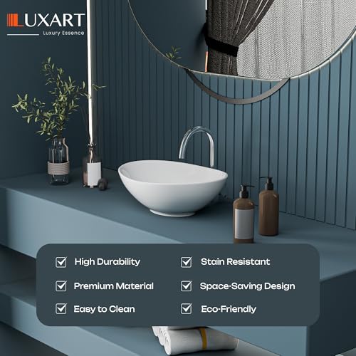 Image of LUXART Tabletop Wash Basin For Bathroom - 17 x 10 x 6.5 Inc Ceramic Glossy White Countertop Washbasin | Vessel Sink For Hotel, Dining Hall, Vanity | Over counter Top Washroom Sink