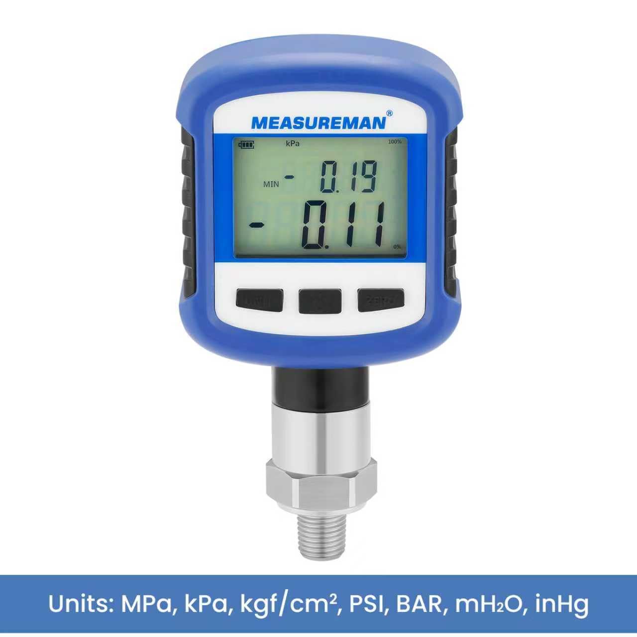MEASUREMAN Digital Industrial Pressure Gauge 0-1000psi, 0.2% FS, 1/4''NPT Lower, Stainless Steel Connection, Battery Powered, with Bluetooth and LCD Light