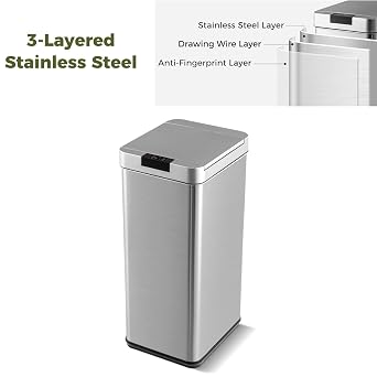 TANGZON 48L Automatic Sensor Kitchen Bin, 3-Layered Stainless Steel Touchless Infrared Motion Waste Bin with Soft Closure & Stay Open Lid, Fingerprint-Proof Smart Trash Can Dustbin for Home Office