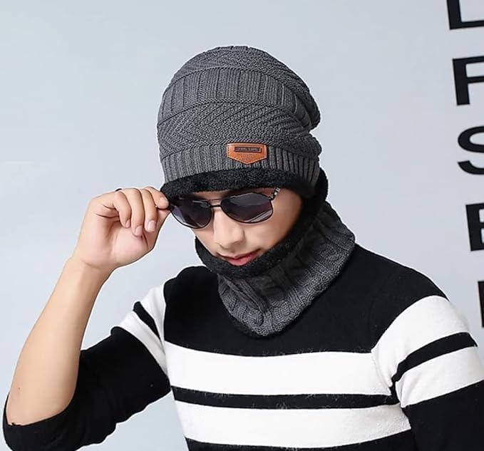 Buy for Happiness Latest Stylish Winter Woolen Beanie Cap Scarf (Fur Inside) and Woolen Gloves & Shock Set for Men and Women Stretch Warm Winter Cap 3 51cFnPhC8yL