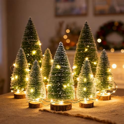 Fairblo 8Pcs Mini Christmas Tree Small Artificial Christmas Tree Small Sisal Trees Bottle Brush Trees Snow Frost Tree with Woodland Light String for Tabletop Decoration Party Ornaments