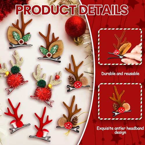 Image of 8 Pairs Christmas Hair Clip, Reindeer Antlers Headband Hairpins Antlers Ears Hair Accessory Cute Hairpins Christmas Hair Accessorieswith Plush Ball, for Yule Party