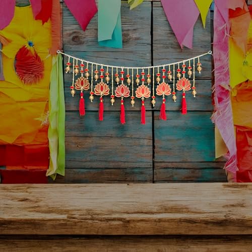 Image of Rajasthan Kraft Handmade Decorative Lotus Toran with Beads, Flower Moti & Pom Pom, Gota Ball, Woolen Tassels, Size - 40x16 Inch, Perfect Used for Home Decor, Festival & Wedding Decoration (RK-T-159)