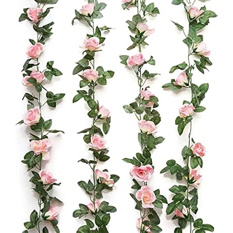 Yebazy 2PCS(16FT) Fake Rose Vine Garland Artificial Flowers Plants for Hotel Wedding Home Party Garden Craft Art Decor (Pink)… Cover