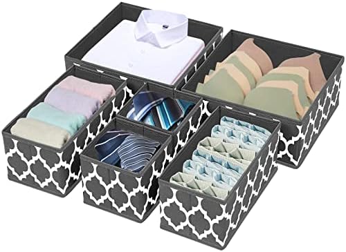 homyfort Underwear Drawer Organizer for Clothing - Fabric Drawer Dividers Box, Foldable Dresser Basket Storage Bins for Bra, Socks, Lingerie, Baby Clothes, Bedroom, Set of 6 (Grey Lantern Printing)