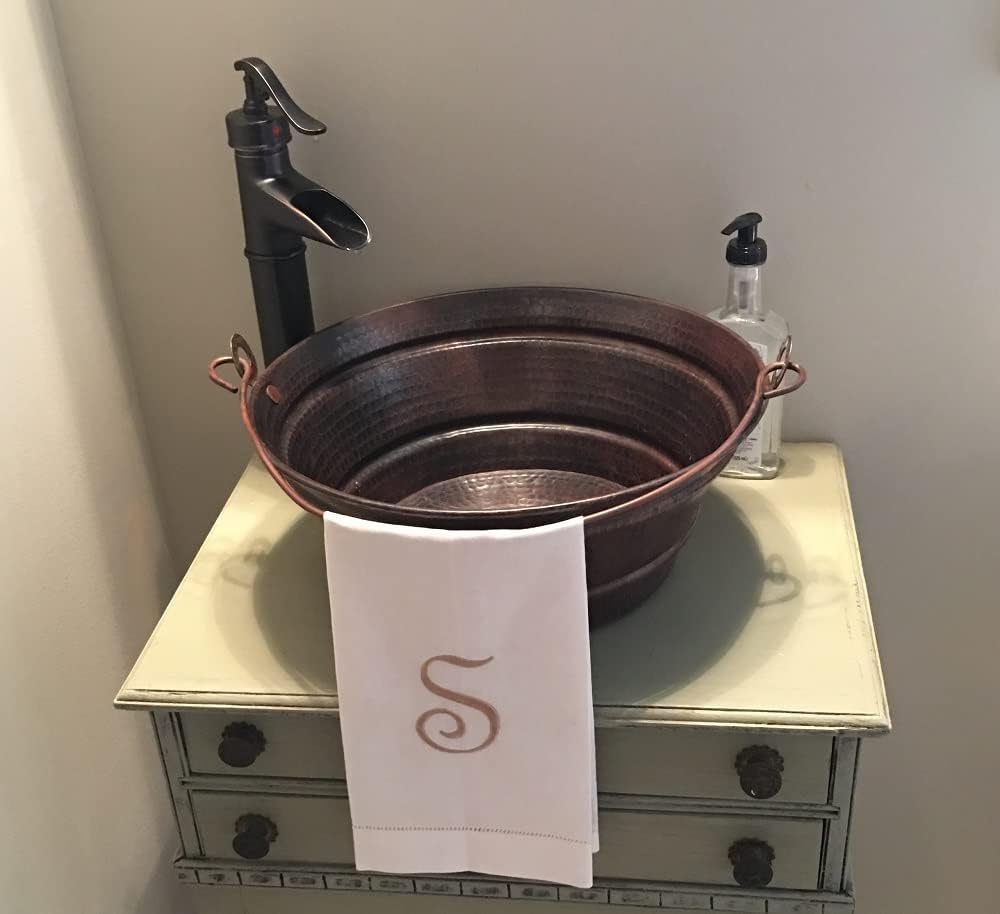 Simply Copper 15" Round Copper Vessel BUCKET Sink with Lift & Turn Drain and 13" Pump Look Faucet