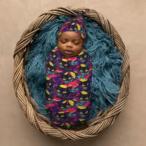 Image of Neon Cats with Moon Newborn Swaddle Blankets Hat Sets Soft Baby Receiving Blanket Swaddle Sack for Baby Shower Infant Boy Girl Gift