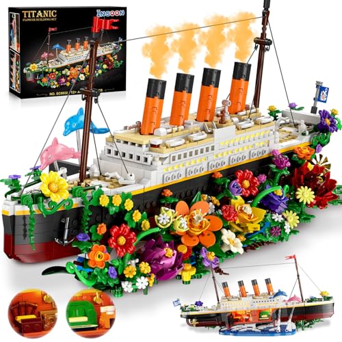 INSOON Blumen Titanic Juguete de construcción con luz, barco Titanic con flores, delfines botánicos, 1860 piezas modelo de barco, ladrillos de sujeción, regalo para adultos, niños, niños y niños