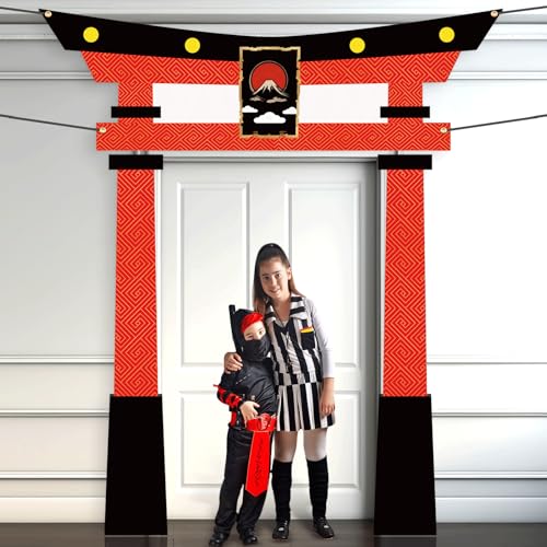 Image of Japanese Torii Gate Door Banner - 3PCS Ninja Warrior Backdrop Door Decoration for Karate Birthday Party Photo Booth Props