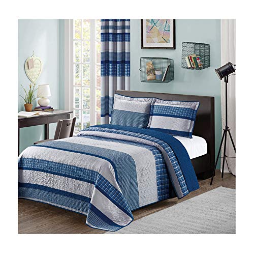 All American Collection Blue and Gray Modern Plaid 2-Piece Twin Bedspread and Pillow