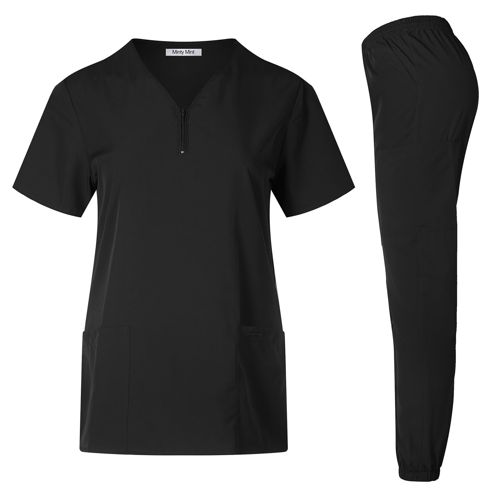 Minty Mint Women's Top Stretchy Scrubs Sets w Contrast Draw String Jogger Pants Medical Uniforms 9dD6 Black L