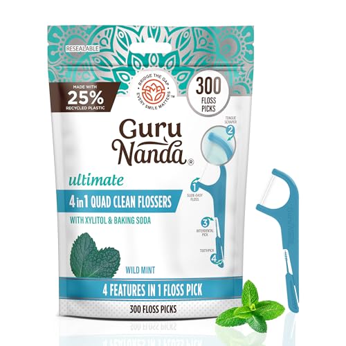GuruNanda Quad Clean Floss Picks 4-in-1 with Tongue Scraper Interdental Pik & Toothpick Non-Shred Dyneema Thread with Xylitol & Baking Soda 300 ct