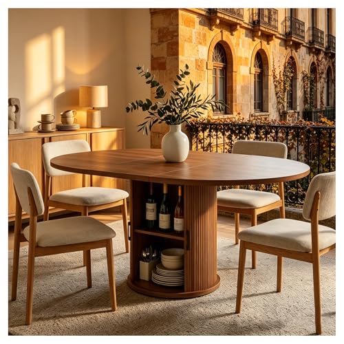 BYCCZMGAD Mesa de comedor extensible de 4 a 6 plazas, moderna mesa de comedor redonda de 118 cm, mesa con base estriada, muebles de cocina y comedor, nogal