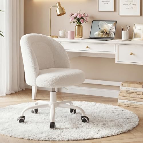 Image of DurayLoly Vanity Chair, Soft Teddy Fleece Makeup Chair with Silent Wheels, Height Adjustable & 360 Swivel, Space-Saving Armless Design, Cream White