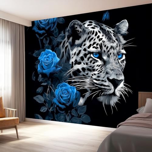 Papel tapiz fotográfico 200 x 140 cm Revestimiento de paredes decoración de salón Diseño Animal Leopardo Rosa Azul para dormitorio, sala de estar, papel tapiz no tejido, decoración de pared, Negro