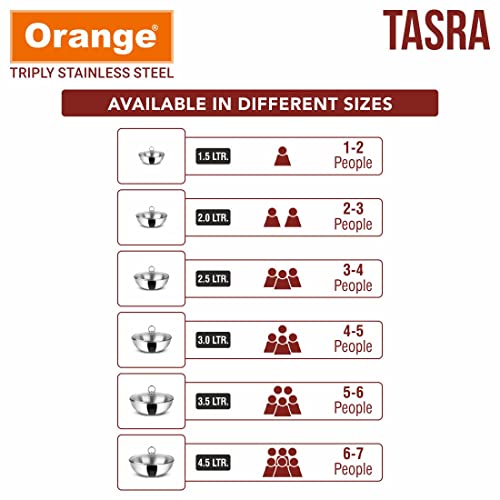 Image of Orange Triply Stainless Steel Tasra /Tasla Kadai with Glass Lid 2.5 litres Capacity (22 cm Diameter) | Heavy Bottom | 2.5mm Thickness | Silver (Induction and Gas Stove Friendly) | 5 Year Warranty