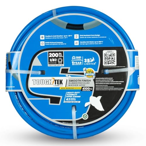Tough-Tek TTPW38200-NM Manguera de goma para lavadora a presión de 3/8 pulgadas x 200 pies: 4000 PSI, reforzado con Kevlar, agua fría y caliente, sin marcas, resistente a la abrasión, manguera de