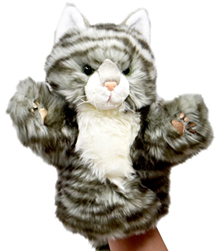 Lashuma Stofftier Katze Plüsch Handpuppe, Weiche Kuscheltier Kasperpuppe 25 cm, Handspielpuppen Kuschelkätzchen Grau – Bild 5