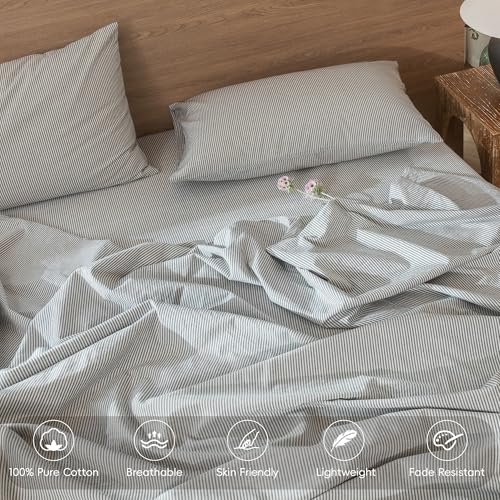 Image of MooMee Striped Duvet Cover Set 100% Washed Cotton Linen Like King | Relaxed Linen-like Texture. Soft, Breathable & Long-lasting Comfort. Lightweight. Hidden Zipper with 8 Interior Corner Ties