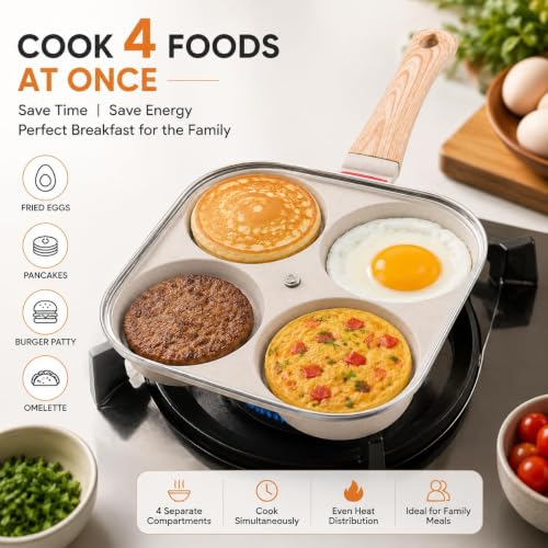 Image of Non-Stick 4-Hole Frying Pan for Cooking | Heavy-Duty Iron Egg Frying Pan with Wooden Handle | Multi-Section Omelette & Pancake Maker | Non-Stick Breakfast Skillet for Kitchen (White)