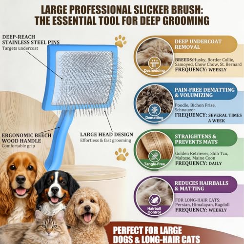 Image of Wooden Long Pin Slicker Brush for Large Dogs, Doodles, Poodles, Long Hair | Grooming, Detangling, and Fluffing for Wavy and Curly Hair-Designed for Heavy, Thick Coats to Prevent Matting at Home