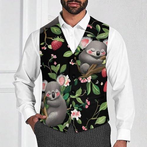 Cute Strawberry Koala Men's Suit Vest Slim Fit Business Dress Party Pattern Waistcoat Vest Top2