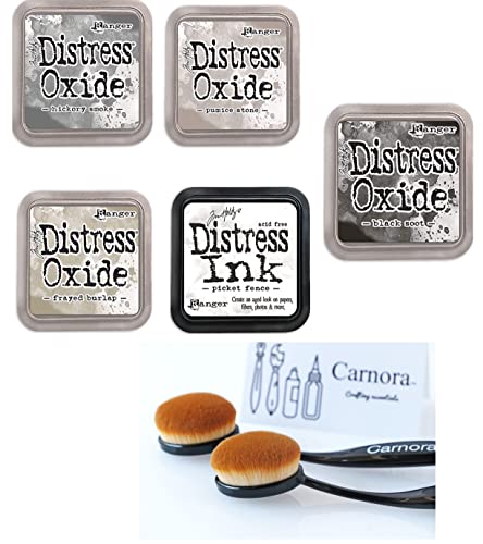 Tim Holtz Ranger Distress Oxide Ink, 4 Blacks & Grays, Hickory Smoke, Pumice Stone, Black Soot, Frayed Burlap + Picket Fence White Distress Ink, 5 Inks Total, 2 Carnora Ink Blending Brushes, 7 Items