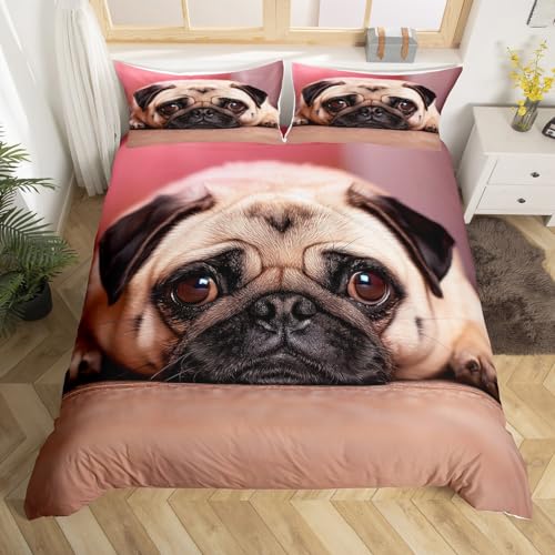 Erosebridal Cute Pet Dog Duvet Cover 3D Printed Puppy Pug Bedding Set Queen Size,Animal Comforter Cover,Kids Teens Boys Girls Decorative 3 Pcs Bedding Set (1 Duvet Cover 2 Pillowcases) Brown