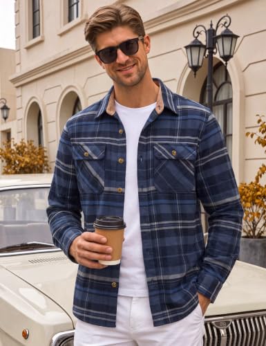 Image of Cotrasen Mens Flannel Shirts Cotton Plaid Button Down Shirt | Long Sleeve, Corduroy Collared, Soft,Breathable, Work, Western, Trendy, Casual Classic Flannel Shirt with Pocket