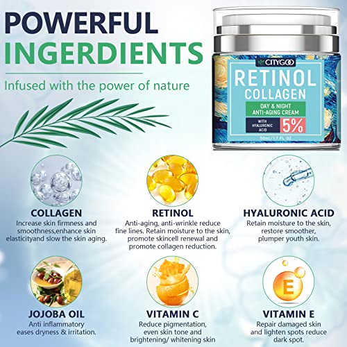 Retinol Cream For Face - Facial Moisturizer With Collagen Cream And Hyaluronic Acid, Anti-Wrinkle Reduce Fine Lines With Vitamin C+E, Day And Night Anti-Aging Cream For Women And Men -Designed In Usa #TOP2