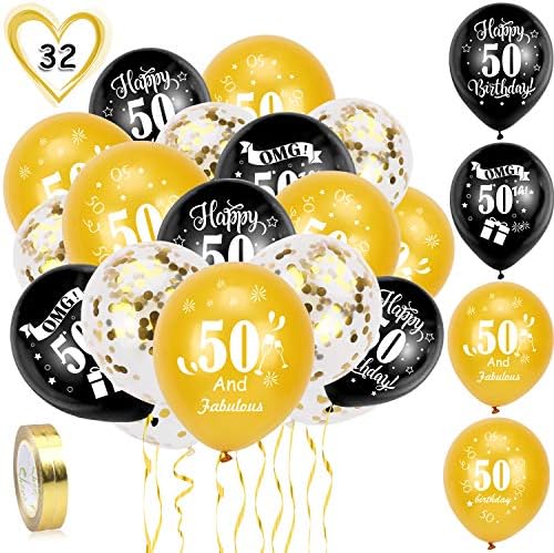 HOWAF 13th Birthday Balloons, Pack Of 30 Black Gold Teenager Birthday Balloons Latex Confetti Balloons & 2 Ribbons for Boys Girls Happy 13th Birthday Party Decorations Supplies- 12 inch (Age 13)