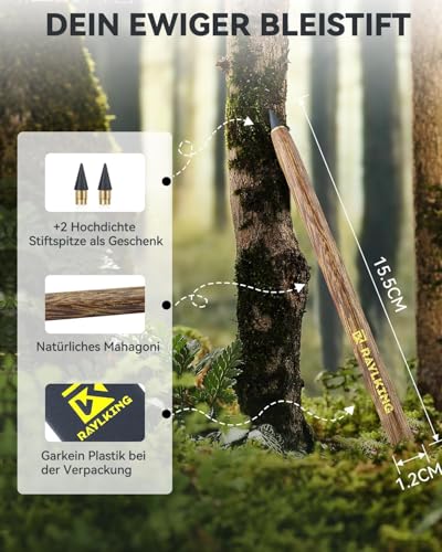 RaylKING Ewiger Bleistift aus Palisanderholz – Nachfüllbarer Graphitstift mit 3 HB-Spitzen und Messing-Gewinde in edler Geschenkbox (B300)