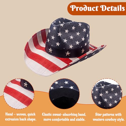 Image of Evankin American Flag Hat, USA Western Cowboy Hat on July 4th | American Flag Hat, 4th of July Patriotic Hat,USA Western Cowboy Hat, Straw Weaving Star,Summer Sunhat for Men and Women