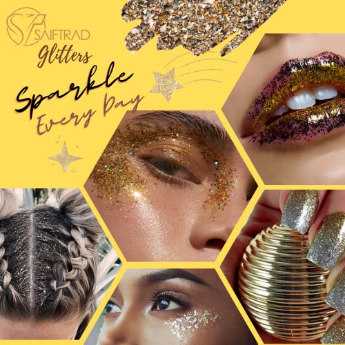 Saiftrad Glitter- 8 Jars Gold Silver Holographic Cosmetic Chunky Sequins Glitter Paillette For Body, Face, Eyes, Hair, Nail Art & Diy (Gold, Silver) - With Nail Brush Sponge #TOP3
