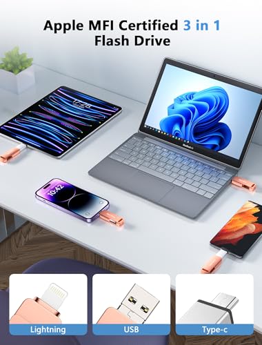 MFi Certified 512GB Photo Stick, 3 in 1 USB Flash Drive for iPhone Memory Stick with Photo Backup Drive, High Speed USB Thumb Drive Storage for iPhone/iPad/Android/PC Pink
