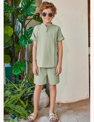 Image of Arshiner Boy's 2 Pieces Linen Sets Short Sleeve Henley Shirt and Shorts Summer Beach Matching Outfits 4-12 Years