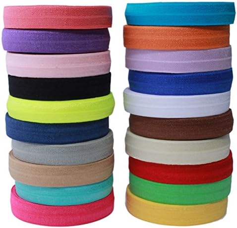 BASOKAN Solid Color Sewing Fold Over Elastic Stretch FOE and Foldover FOE Trim Elastic Ribbon by the yard for Hair Ties Headbands (5/8 inch, 1.5 cm, 20 Yards, Mix 20 Colors)