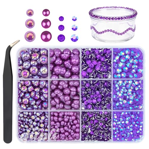 qiipii 3mm-8mm Dark Purple Flatback Pearls and Resin Rhinestones for Bedazzling Crafting Half Pearls Jelly Stones Diamonds Gems Bedazzler Kit Charms for Nails Face Eyes Makeup Tumblers Bottles Crafts