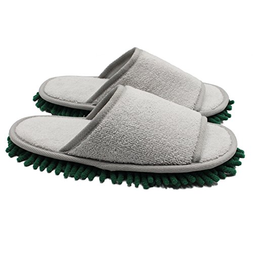 ofoot Womens Microfiber Chenille House Open Toe MOP Slippers Dust Floor Cleaning Slippers and Hand Towels 1 Set(1 PR Slipper & 1 pc Hand Towels) Multi-Colors 10 4/5(Size 9-10) (Grey/Green)