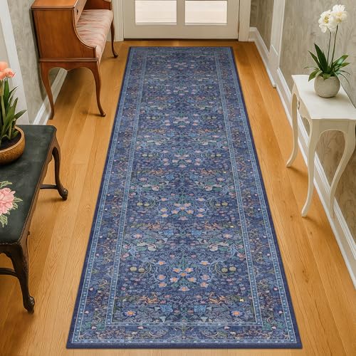Dark Blue 2'6" x 10' Long Runner Rugs for Hallway, Oriental Floral Washable Non Slip Rug for Kitchen, Entryway Stain Resistant - Vintage Navy Blue Geometric Floral Décor