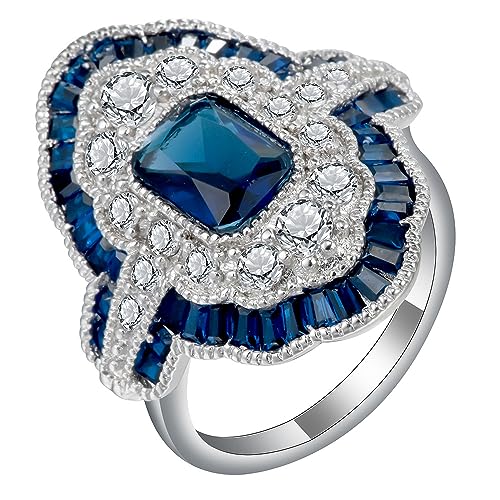 Vintage Turkish Style Peacock Blue Gemstone Ring Jewelry Gift for Women, Court Style Emerald cut Blue & White Cubic Zirconia Wedding Ring Jewelry Size 6-10