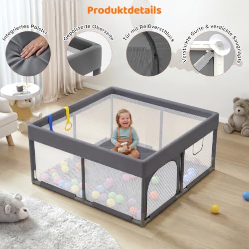 Dripex Laufstall Baby mit Matte, Laufgitter Baby 124×124cm, Dunkelgrau – Ansicht 3