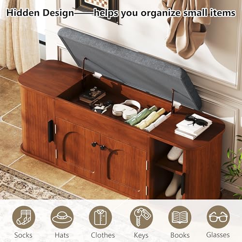 Image of Einhomn 47.2'' Sliding Door Entryway Shoe Storage Bench with Seat Cushion, Shoe Rack with Lift-Top Hidden Storage & Adjustable Shelf, Bench for Bedroom End of Bed, Walnut