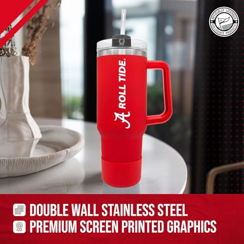 Image of Campus Colors College & University 40 oz Travel Tumbler With Handle - Dual Option Lid With Straw - Vacuum Insulated Stainless Steel (Alabama Crimson Tide - Crimson)