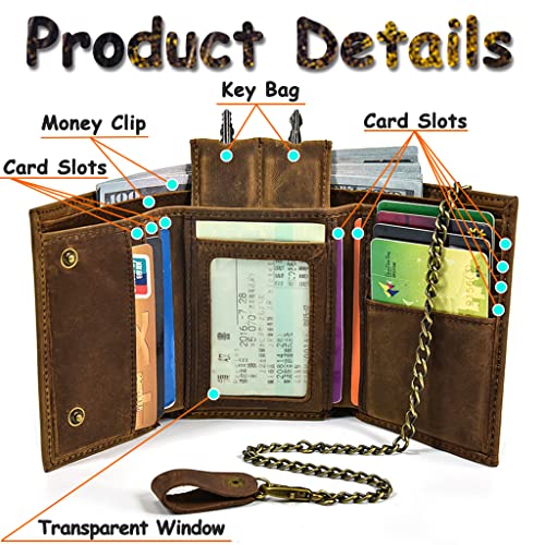Unique Men's Genuine Leather Trifold Wallets with Chain, Full Grain Leather Handmade Western Rodeo Credit Card Holder Freemasons Slim Vintage Short Purse Luxury Male Gift,Brown,Style 134