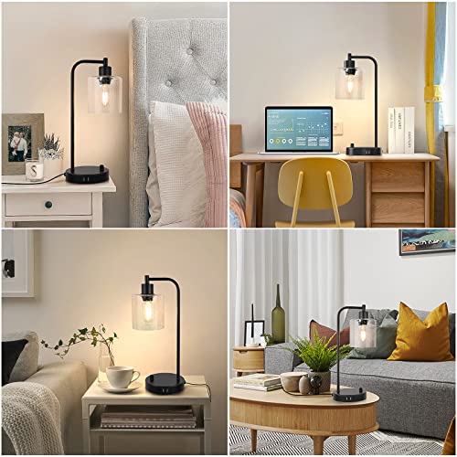 Maxvolador Industrial Table Lamp With 2 Usb Ports,Fully Stepless Dimmable Vintage Nightstand Desk Lamp, Seeded Glass Shade Bedside Reading Lamp For Bedroom,6W 2700K Led Bulb Included #TOP5