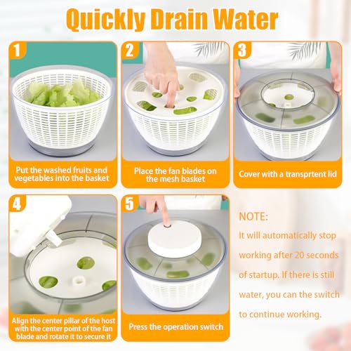 Electric Salad Spinner, 6L Large Capacity Lettuce Spinner Fruit Vegetable Washer Dryer with Washing Basket and Serving Bowl, Small Salad Spinner for Home Kitchen - Image 3