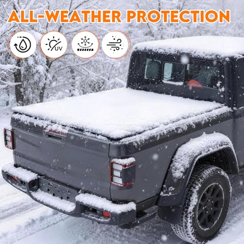 Image of RHOBRA Soft Tri-Fold Truck Bed Tonneau Cover Compatible with 2020-2026 Jeep Gladiator JT 5ft Bed (w or w /o Track Rail System), 26.5oz Heavy-Duty Vinyl, Weather Resistant Bed Cover for Pickup Truck