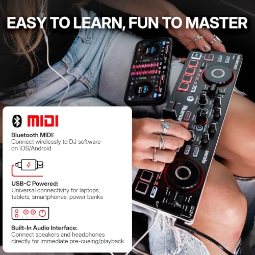 Image of Numark MixTrack Go Compact Bluetooth DJ Controller with Stems Control | 2-Deck DJ Mixer, for Beginners & Mobile DJs, Smart Fader, USB-C, Serato DJ Lite & Algoriddim djay Included, Gen 4